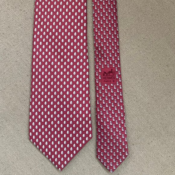 100% REAL Hermes Twillby Tie - Burgundy Red w Eggs & Fun Chickens on Farm XL - Picture 5 of 5